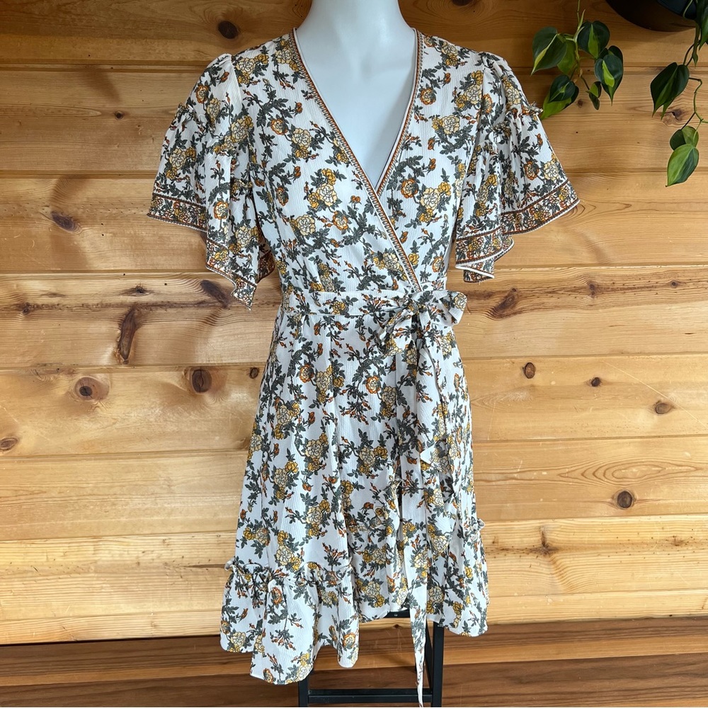 NWT Max Studio short wrap A-line summer floral dress butterfly ruffle small bow